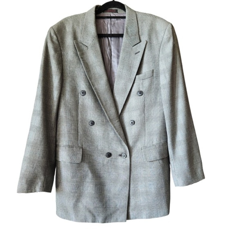Vintage Double-Breasted Blazer‎ Glen Plaid Mens Size 43L 100% Wool Black